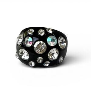 Vintage Dome Ring Glossy Black Lucite AB Clear Crystals 1960s MCM Size 7 Chunky